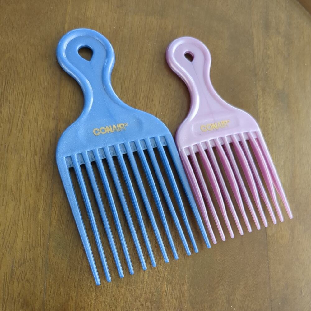 2 Vintage Conair hair pick lot lift style comb styling sparkle blue and pink